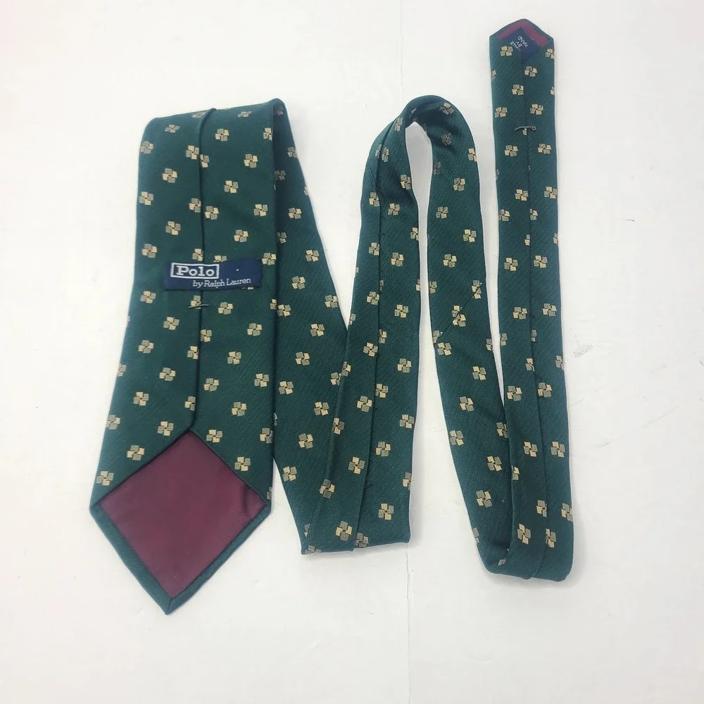 VTG Polo by Ralph Lauren Silk Tie‎ Green Beige Geometric Pattern USA Preppy
